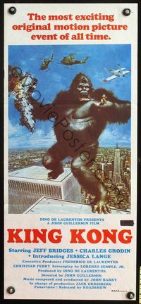 4e767 KING KONG Aust daybill '76 John Berkey art of BIG Ape on the Twin Towers!