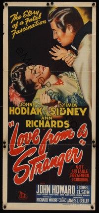 4e795 LOVE FROM A STRANGER Aust daybill '47 Sylvia Sidney resists John Hodiak, Agatha Christie!