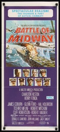 4e822 MIDWAY Aust daybill '76 Charlton Heston, Henry Fonda, dramatic naval battle art!