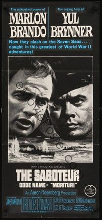 4e827 MORITURI Aust daybill '65 art of Marlon Brando & Nazi captain Yul Brynner, The Saboteur!