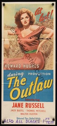 4e854 OUTLAW Aust daybill '47 stone litho artwork of sexy Jane Russell, Howard Hughes!