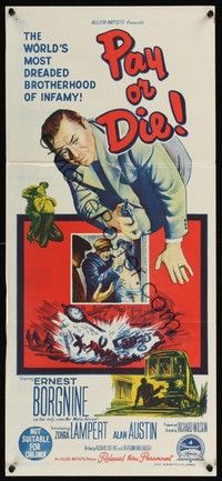4e860 PAY OR DIE Aust daybill '60 cool art of Ernest Borgnine, Marty vs the Mafia!