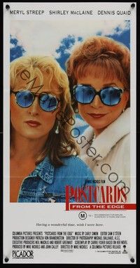 4e869 POSTCARDS FROM THE EDGE Aust daybill '90 great image of Shirley MacLaine &Streep w/sunglasses!