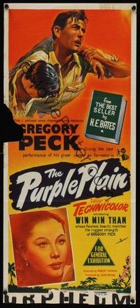 4e875 PURPLE PLAIN Aust daybill '55 great artwork of Gregory Peck, written by Eric Ambler!
