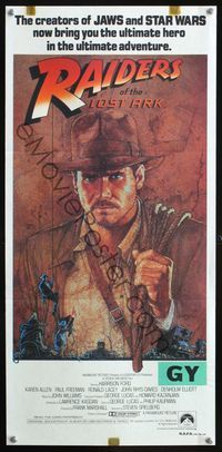 4e878 RAIDERS OF THE LOST ARK Aust daybill '81 great artwork of Harrison Ford by Richard Amsel!