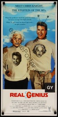 4e885 REAL GENIUS Aust daybill '85 wacky image of Val Kilmer & Einstein, sci-fi comedy!