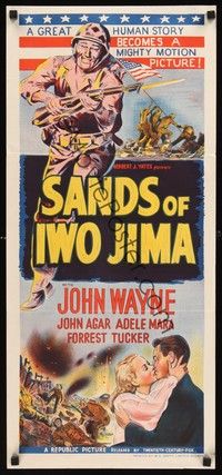 4e907 SANDS OF IWO JIMA Aust daybill '50 great artwork of World War II Marine John Wayne!