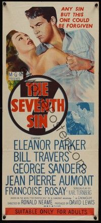 4e915 SEVENTH SIN Aust daybill '57 sexy scared Eleanor Parker betrays super angry Bill Travers!