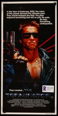 4e947 TERMINATOR Aust daybill '84 super close up of classic cyborg Arnold Schwarzenegger w/gun!