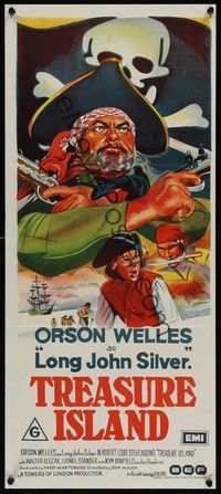 4e963 TREASURE ISLAND Aust daybill '72 great art of Orson Welles as pirate Long John Silver!