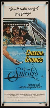 4e973 UP IN SMOKE Aust daybill '78 Cheech & Chong marijuana drug classic, great Scakisbrick art!