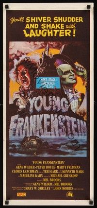 4e997 YOUNG FRANKENSTEIN Aust daybill '75 Mel Brooks, art of Gene Wilder, Peter Boyle & Feldman!