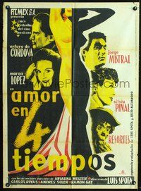 4e028 AMOR EN 4 TIEMPOS Mexican poster '55 Arturo de Cordova, Silvia Pinal, Resortes, sexy art!