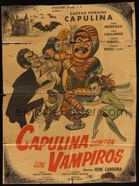 4e029 CAPULINA CONTRA LOS VAMPIROS Mexican poster '71 wacky horror art of female vampires!
