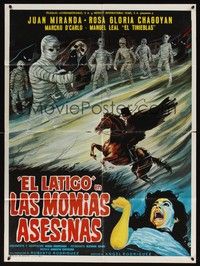 4e036 EL LATIGO CONTRA LAS MOMIAS ASESINAS Mexican poster '80 Juan Miranda, horror art of mummies!