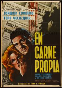 4e039 EN CARNE PROPIA Mexican poster '60 cool art of top stars in front of bloody newspapers!