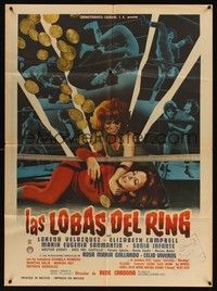 4e047 LAS LOBAS DEL RING Mexican poster '65 wild images of female wrestlers!