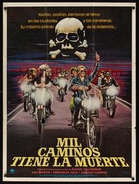 4e054 MIL CAMINOS TIENE LA MUERTE Mexican poster '77 art of bikers & skull and crossbones!