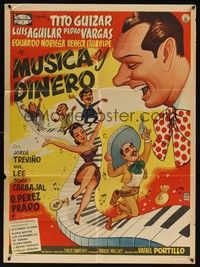 4e057 MUSICA Y DINERO Mexican poster '58 Rafael Portillo directed, cool musical art of cast!