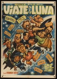 4e070 VIAJE A LA LUNA Mexican poster '58 Tin-Tan, Kitty de Hoyos, great wacky Cabral art of cast!