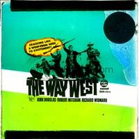 4f237 WAY WEST Aust glass slide '67 Kirk Douglas, Robert Mitchum & Richard Widmark on horseback!