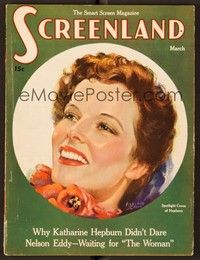 4f057 SCREENLAND magazine March 1936 art of Katharine Hepburn by Marland Stone!