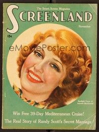 4f065 SCREENLAND magazine November 1936 art of smiling Jeanette MacDonald by Marland Stone!