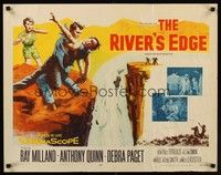 4g589 RIVER'S EDGE 1/2sh '57 Ray Milland & Anthony Quinn fighting on cliff, Debra Paget