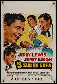 4h354 3 ON A COUCH Belgian '66 great image of screwy Jerry Lewis squeezing sexy Janet Leigh!