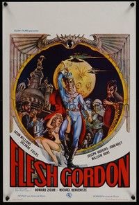 4h383 FLESH GORDON Belgian '74 sexy sci-fi spoof, wacky erotic super hero art by George Barr!