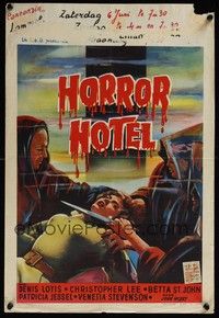 4h395 HORROR HOTEL Belgian '60 horror artwork of woman about to be sacrificed!