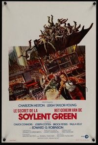 4h428 SOYLENT GREEN Belgian '73 art of Charlton Heston trying to escape riot control by John Solie
