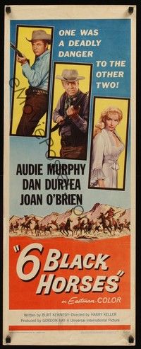 4h018 6 BLACK HORSES insert '62 Audie Murphy, Dan Duryea, sexy Joan O'Brien, 1 was deadly to them!