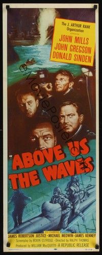 4h019 ABOVE US THE WAVES insert '56 art of John Mills & English WWII sailors in ship sunk by sub!