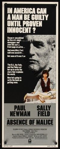 4h020 ABSENCE OF MALICE insert '81 Paul Newman, Sally Field, Sydney Pollack, cool design!