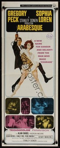 4h032 ARABESQUE insert '66 Gregory Peck, sexy Sophia Loren, a new name for danger and delight!