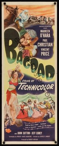 4h039 BAGDAD insert '50 art of Maureen O'Hara in sexiest harem outfit + Vincent Price on horse!