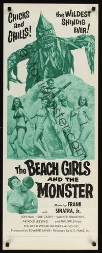 4h043 BEACH GIRLS & THE MONSTER insert '65 schlocky grade-Z movie, music by Frank Sinatra Jr.!