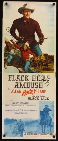 4h053 BLACK HILLS AMBUSH insert '52 cool image of cowboy Allan Rocky Lane pointing 2 guns!