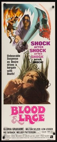 4h058 BLOOD & LACE insert '71 AIP, gruesome horror image of wacky cultist w/bloody hammer!