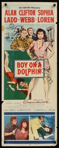 4h066 BOY ON A DOLPHIN insert '57 art of Alan Ladd & sexiest Sophia Loren, Clifton Webb!
