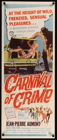 4h078 CARNIVAL OF CRIME insert '64 wild art of murderer putting tied up girl into car trunk!