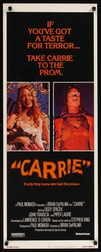 4h080 CARRIE insert '76 Stephen King, Sissy Spacek before and after her bloodbath at the prom!