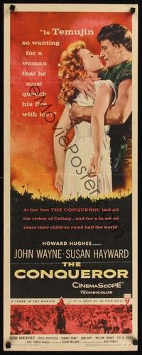 4h092 CONQUEROR insert '56 barbarian John Wayne grabs half-dressed sexy Susan Hayward!