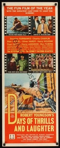 4h098 DAYS OF THRILLS & LAUGHTER insert '61 Charlie Chaplin, Laurel & Hardy, cool train chase art!