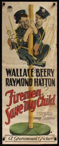4h005 FIREMAN, SAVE MY CHILD insert '27 art of Wallace Beery & Raymond Hatton sliding down pole!
