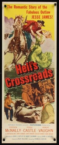 4h138 HELL'S CROSSROADS insert '57 Stephen McNally as Jesse James on horse & sexy Peggy Castle!