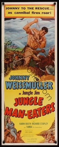 4h165 JUNGLE MAN-EATERS insert '54 cool art of Johnny Weissmuller as Jungle Jim fighting cannibals