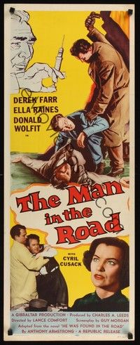 4h184 MAN IN THE ROAD insert '57 would his drugged mind betray his secret & make him confess?
