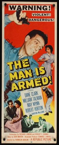 4h185 MAN IS ARMED insert '56 art of violent dangerous Dane Clark with gun grabbing sexy May Wynn!